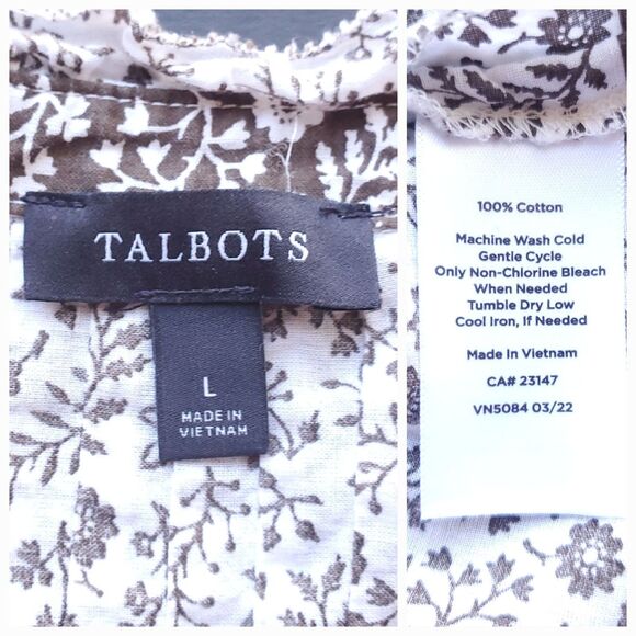 Talbots Sleeveless Cotton Popover Size L White Brown Ditsy Floral Ruffle Dainty - Picture 6 of 11